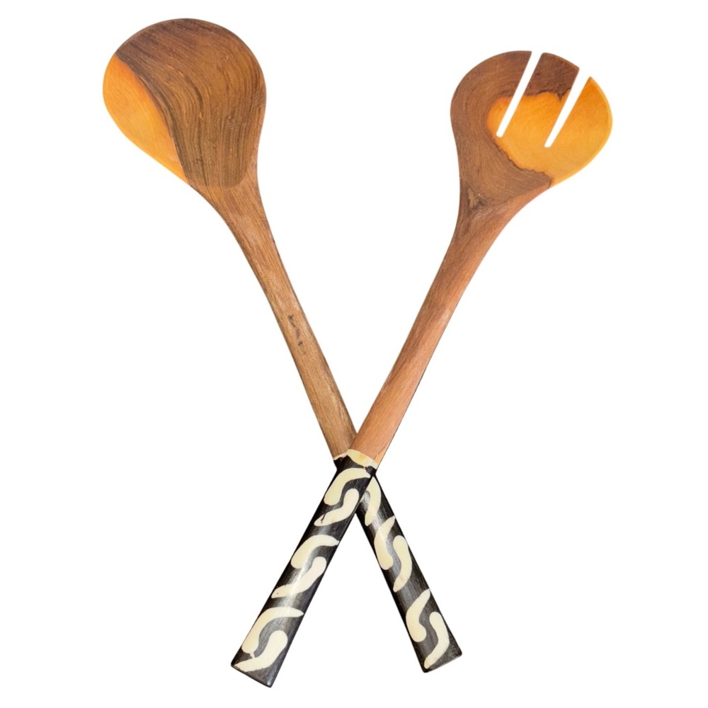 Artisan Wood Salad Servers | Set of two| Black & White | Wood Serving Utensils